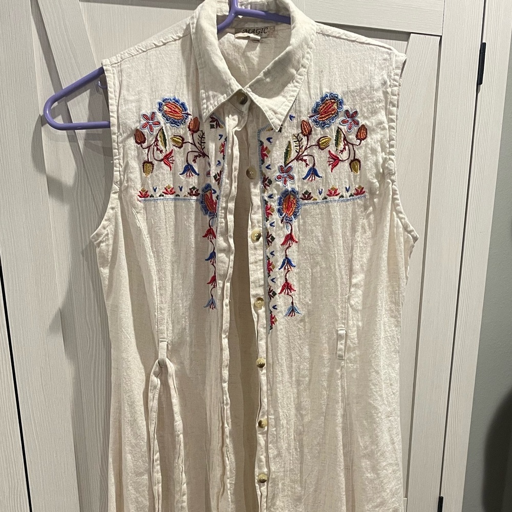Boho Embroidered Front Button Midi Dress